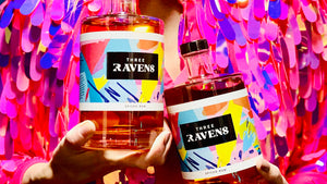 Three Ravens Rum bottles and sequins